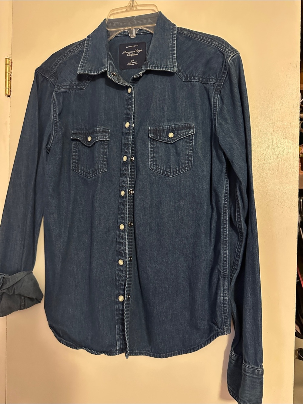 American Eagle Outfitters Dark Blue Denim Button-Down Shirt